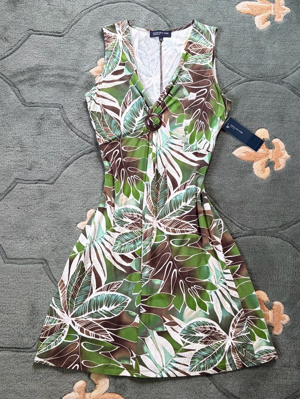 Jones New York Green Leaf-Print V-Neck Summer Dress